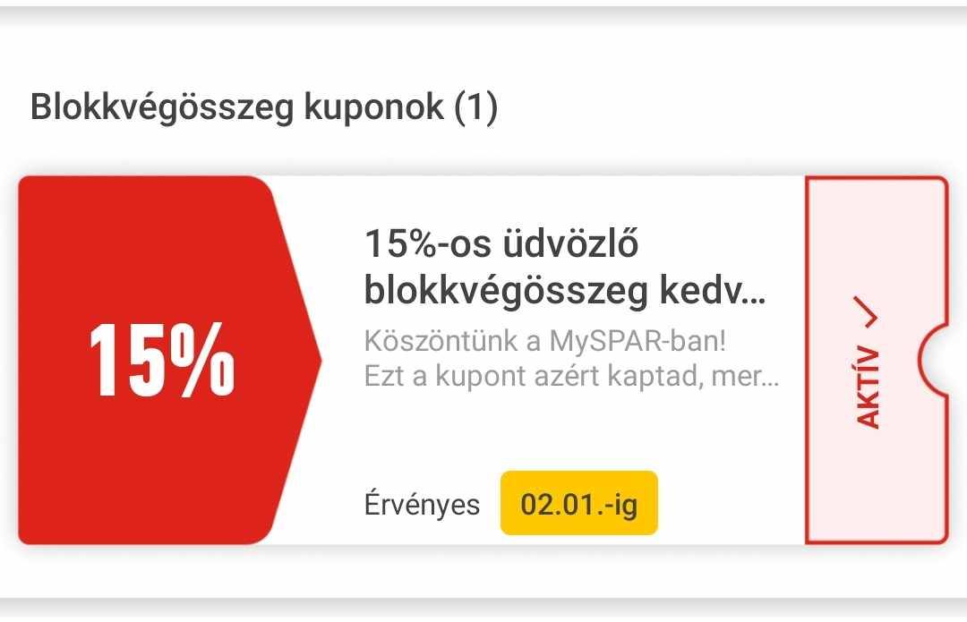 MySpar app üdvözlő kupon(új felhasználóknak)